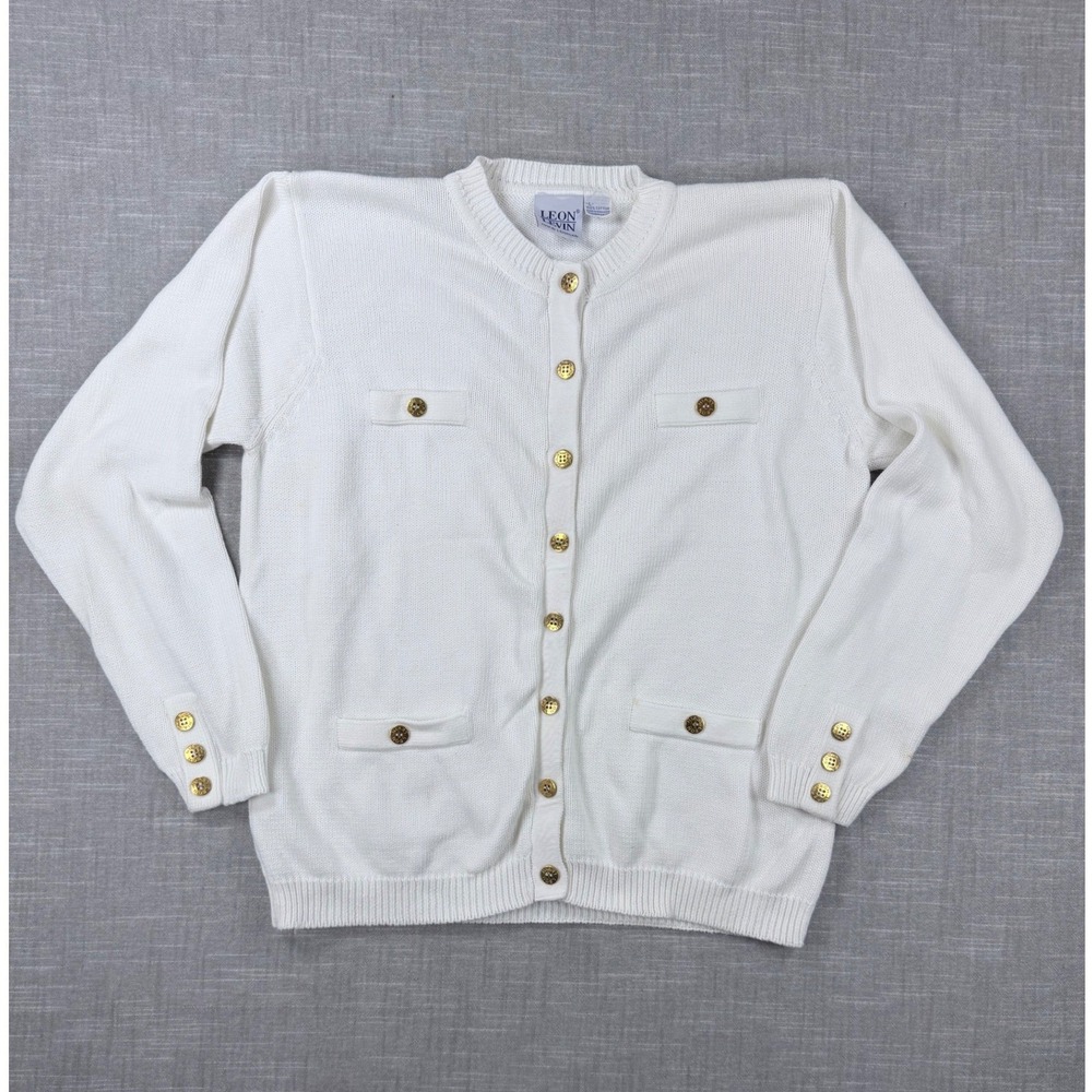 Leon Levin Womens White Cotton Hand Loomed Cardigan Sweater Gold Buttons Large